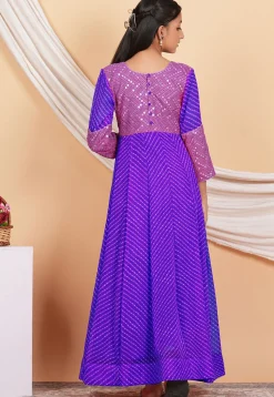 Leheriya Printed Georgette Abaya Style Suit in Purple