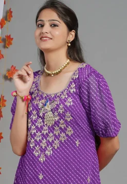Leheriya Printed Georgette Asymmetric Kurta Set in Purple