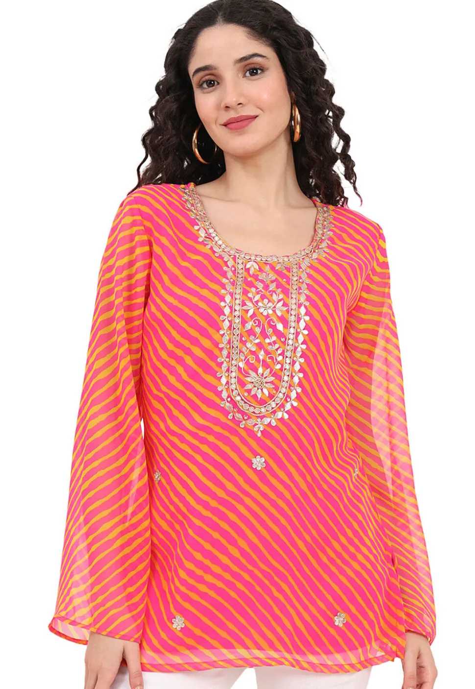 Leheriya Printed Georgette Kurti in Pink and Yellow