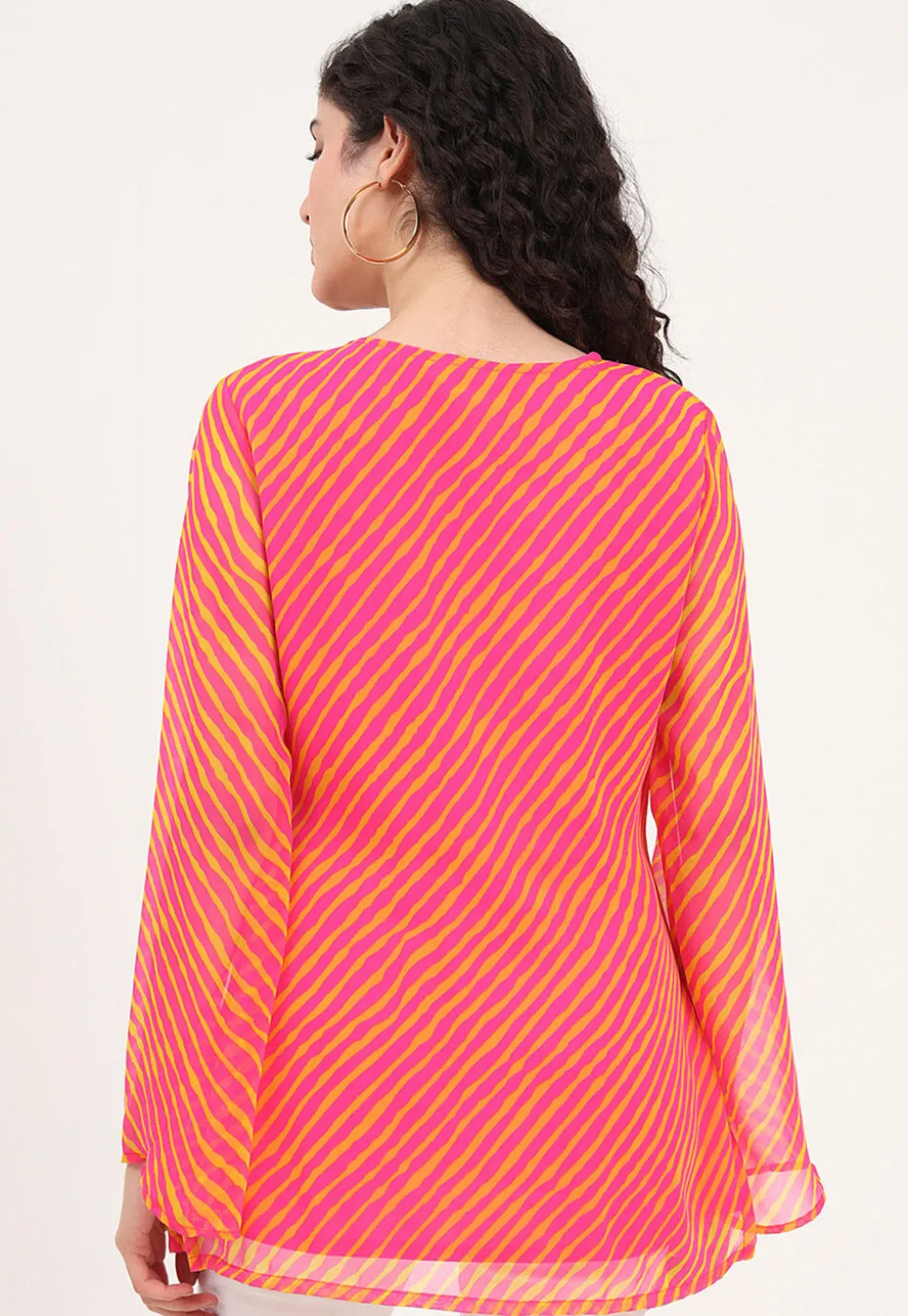 Leheriya Printed Georgette Kurti in Pink and Yellow