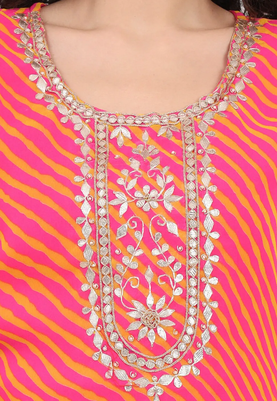 Leheriya Printed Georgette Kurti in Pink and Yellow