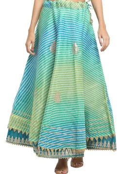 Leheriya Printed Kota Doria Flared Skirt in Blue and Green