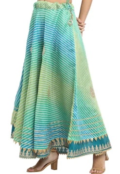Leheriya Printed Kota Doria Flared Skirt in Blue and Green