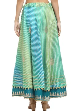 Leheriya Printed Kota Doria Flared Skirt in Blue and Green