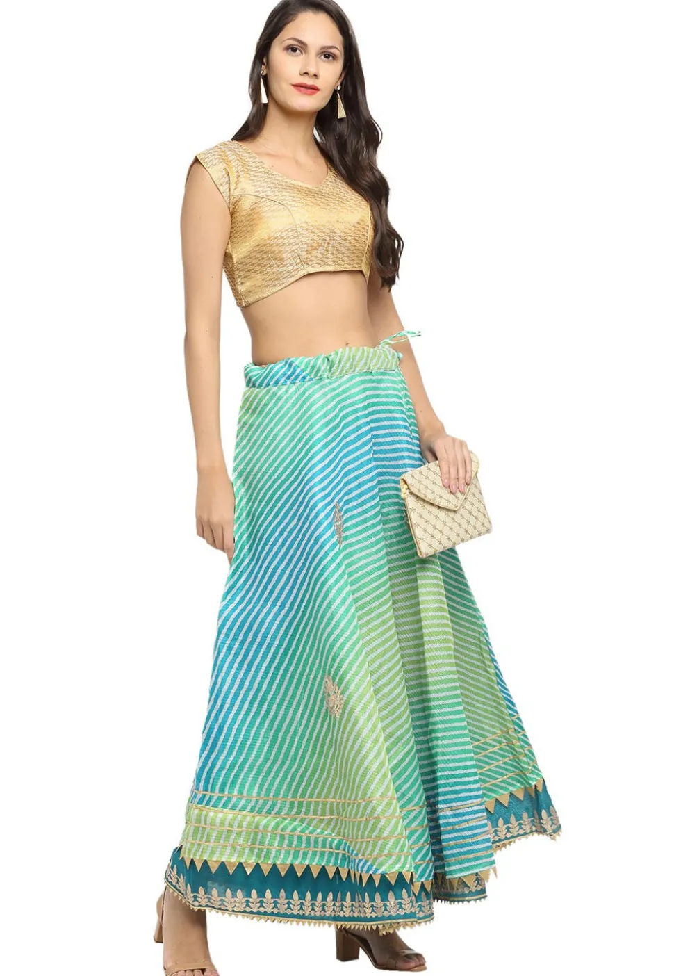 Leheriya Printed Kota Doria Flared Skirt in Blue and Green