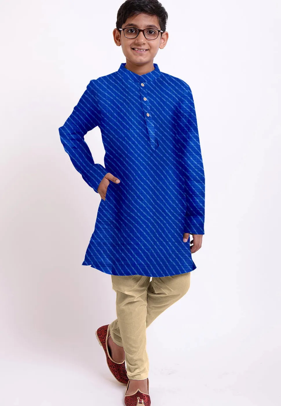 Leheriya Printed Kota Silk Kurta Set in Royal Blue