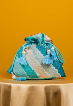 Leheriya Printed Kota Silk Potli Bag in Light Blue