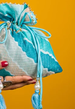 Leheriya Printed Kota Silk Potli Bag in Light Blue