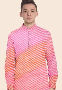 Leheriya Printed Kota Silk Kurta in Shaded Orange and Pink