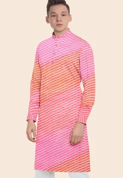Leheriya Printed Kota Silk Kurta in Shaded Orange and Pink