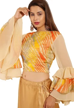 Leheriya Printed Kota Silk Blouse in Multicolor and Beige