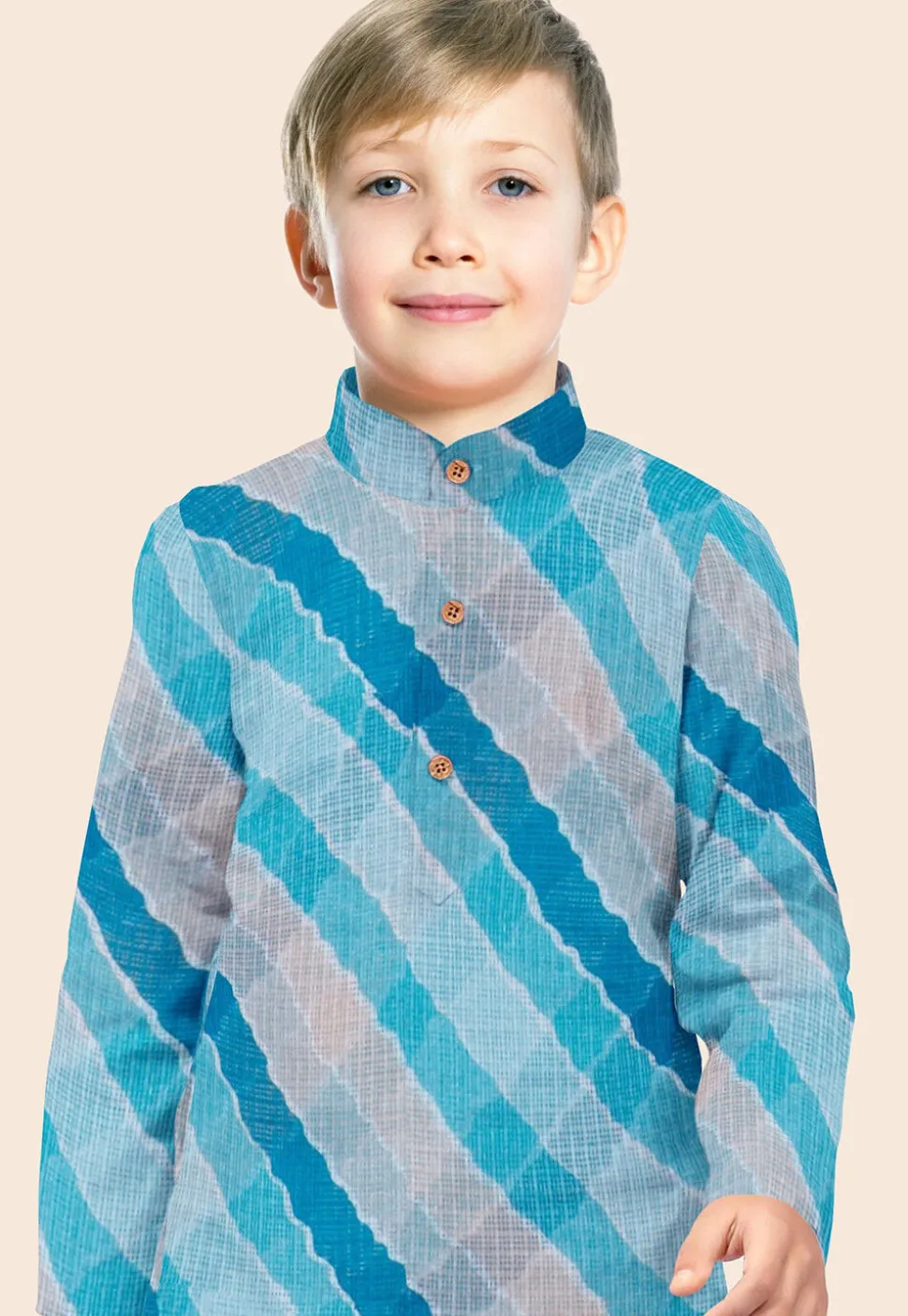 Leheriya Printed Kota Silk Kurta Set in Shaded Blue
