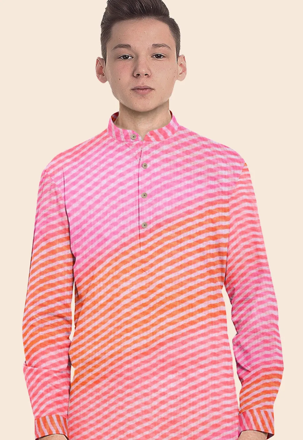Leheriya Printed Kota Silk Kurta Set in Shaded Orange and Pink