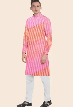 Leheriya Printed Kota Silk Kurta Set in Shaded Orange and Pink