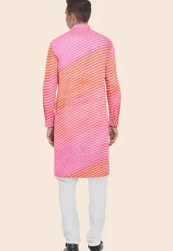 Leheriya Printed Kota Silk Kurta Set in Shaded Orange and Pink