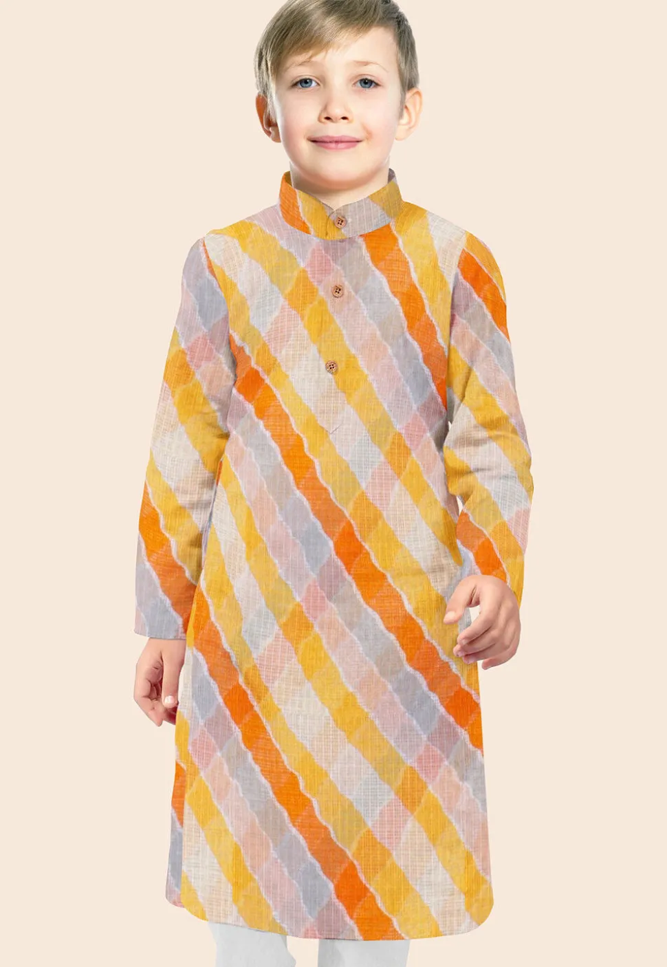 Leheriya Printed Kota Silk Kurta in Shaded Orange