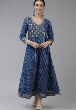 Leheriya Printed Pure Cotton Dress in Dark Blue