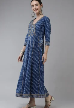 Leheriya Printed Pure Cotton Dress in Dark Blue