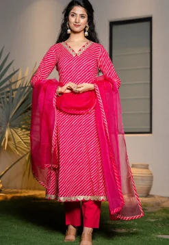 Leheriya Printed Pure Cotton A Line Suit in Fuchsia
