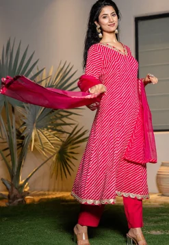 Leheriya Printed Pure Cotton A Line Suit in Fuchsia