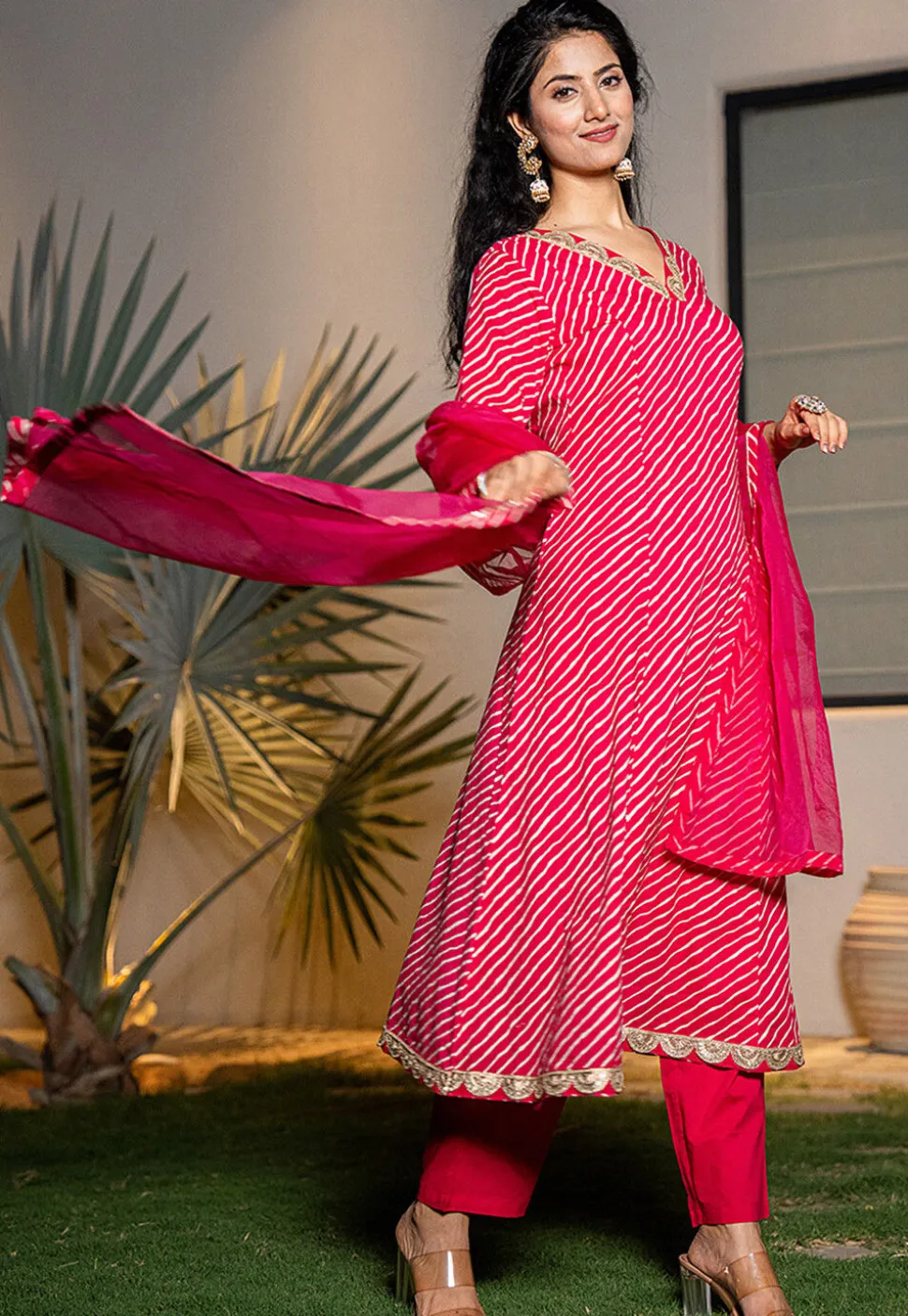 Leheriya Printed Pure Cotton A Line Suit in Fuchsia