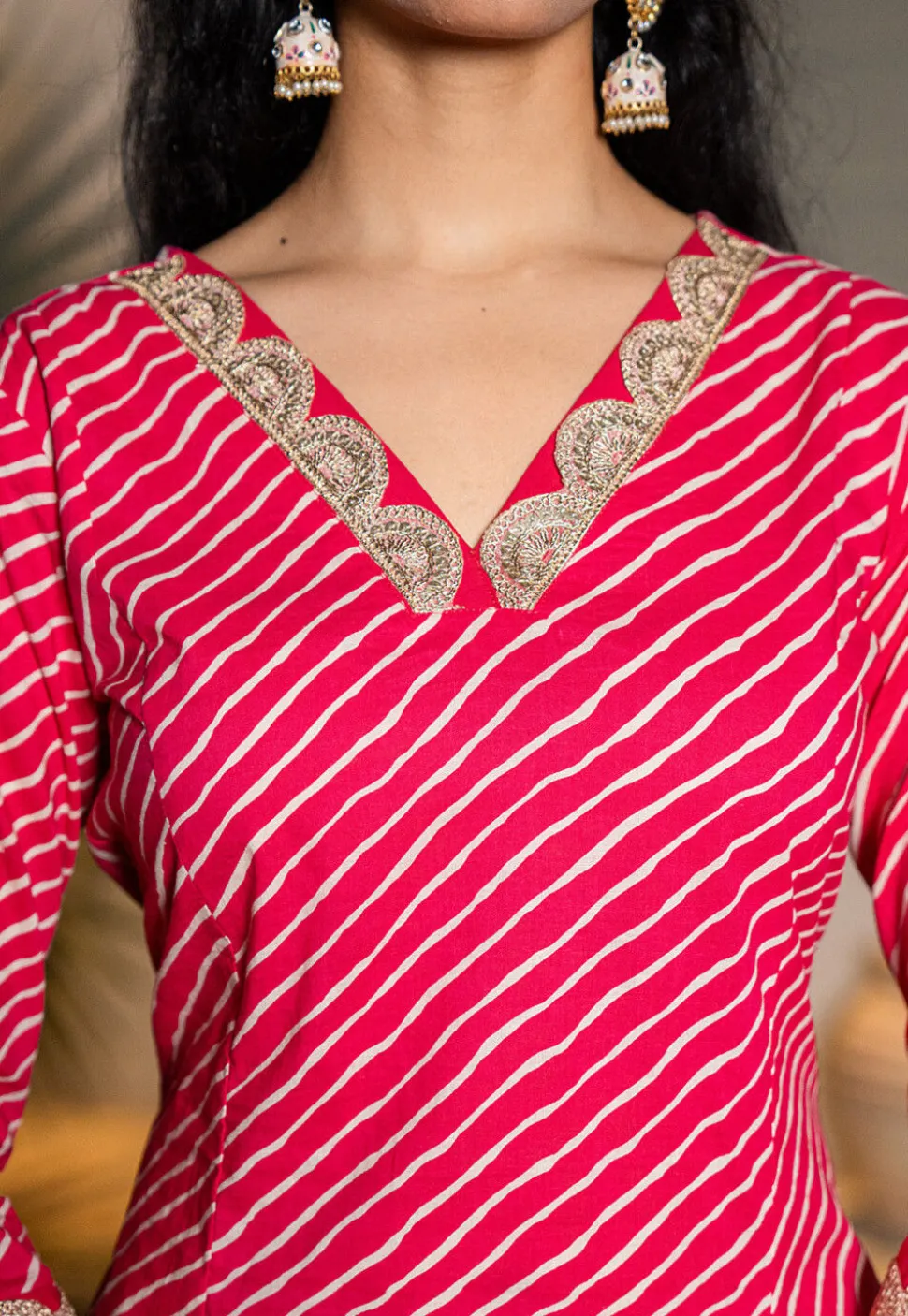 Leheriya Printed Pure Cotton A Line Suit in Fuchsia