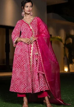 Leheriya Printed Pure Cotton Anarkali Suit in Fuchsia