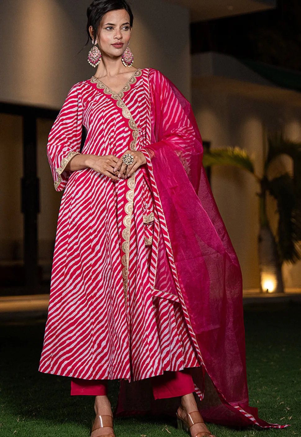 Leheriya Printed Pure Cotton Anarkali Suit in Fuchsia