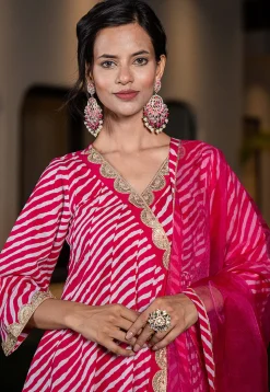 Leheriya Printed Pure Cotton Anarkali Suit in Fuchsia