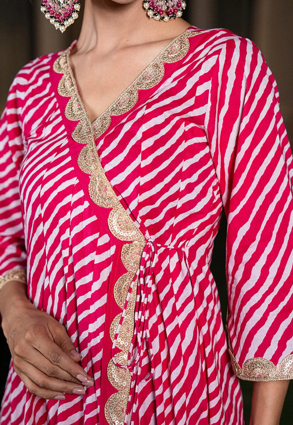 Leheriya Printed Pure Cotton Anarkali Suit in Fuchsia