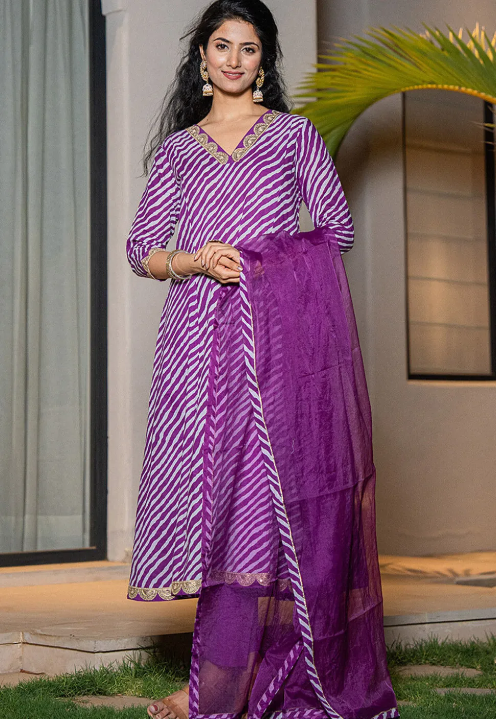 Leheriya Printed Pure Cotton A Line Suit in Purple