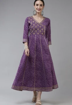 Leheriya Printed Pure Cotton Dress in Dark Purple