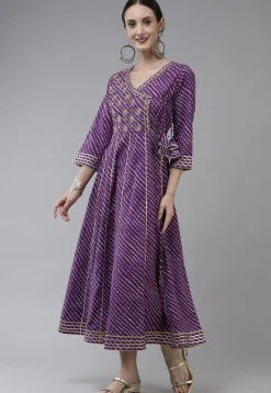 Leheriya Printed Pure Cotton Dress in Dark Purple