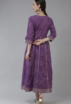 Leheriya Printed Pure Cotton Dress in Dark Purple