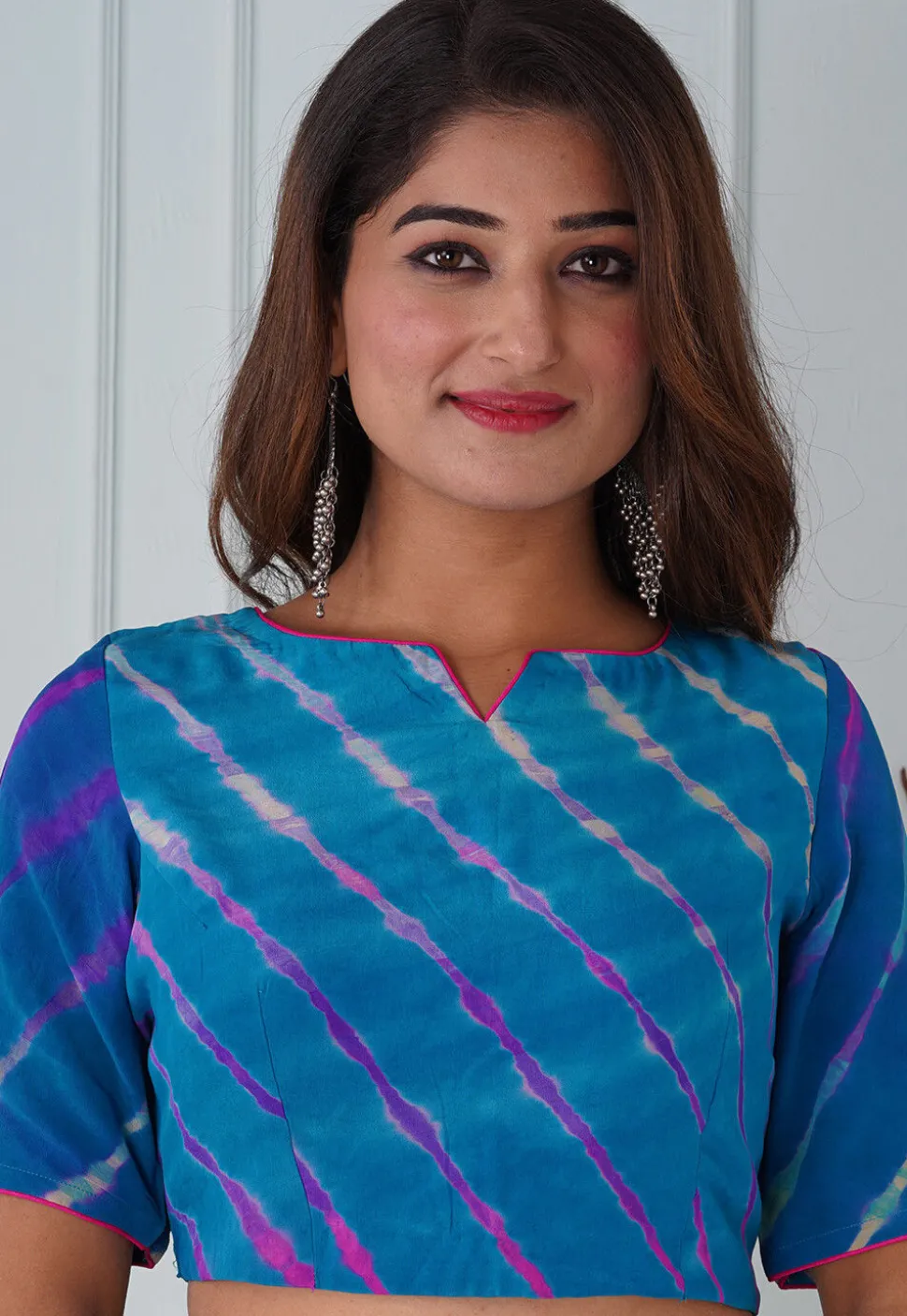 Leheriya Printed Pure Crepe Blouse in Shaded Blue