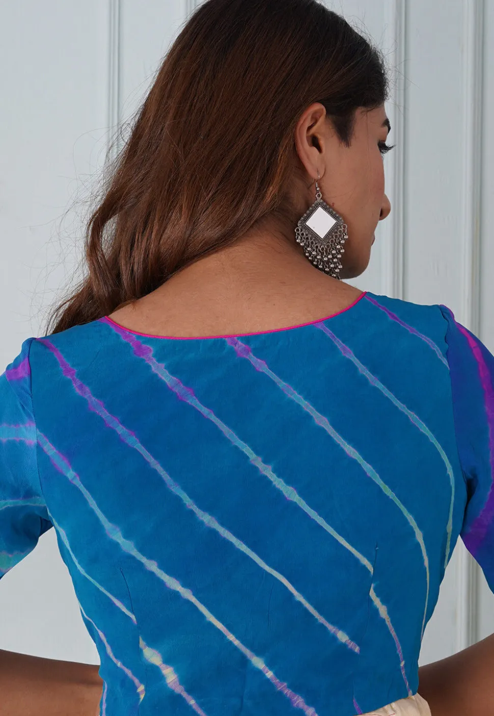 Leheriya Printed Pure Crepe Blouse in Shaded Blue
