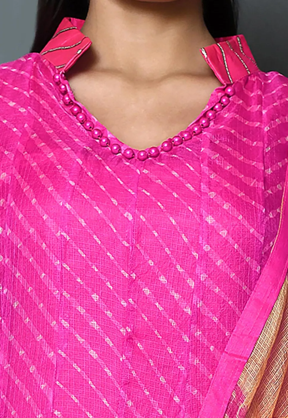 Leheriya Printed Pure Kota Silk Abaya Style Suit in Fuchsia
