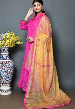 Leheriya Printed Pure Kota Silk Abaya Style Suit in Fuchsia