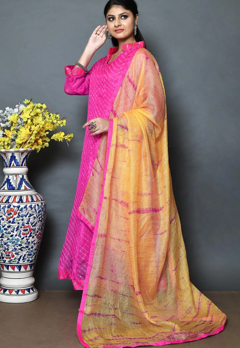 Leheriya Printed Pure Kota Silk Abaya Style Suit in Fuchsia