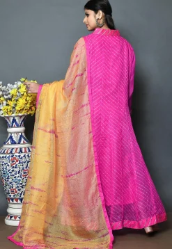 Leheriya Printed Pure Kota Silk Abaya Style Suit in Fuchsia