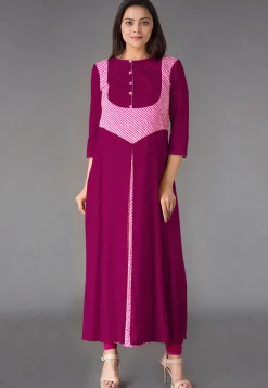Leheriya Printed Rayon A Line Kurta inMagenta
