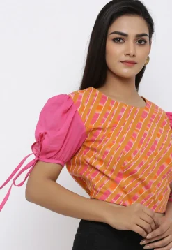 Leheriya Printed Styled Back Cotton Blouse in Mustard