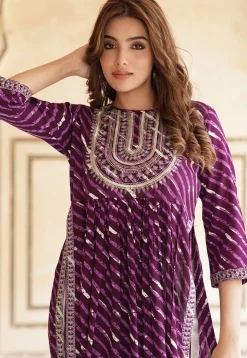 Leheriya Printed Viscose Rayon Naira Kurta Set in Purple