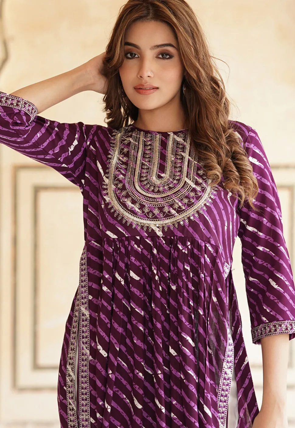 Leheriya Printed Viscose Rayon Naira Kurta Set in Purple