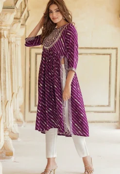 Leheriya Printed Viscose Rayon Naira Kurta Set in Purple
