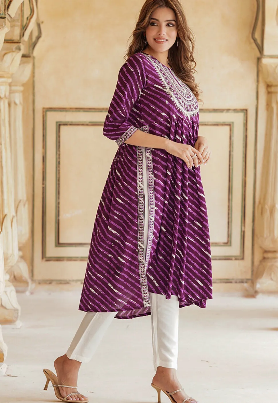 Leheriya Printed Viscose Rayon Naira Kurta Set in Purple