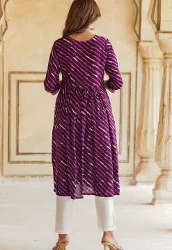 Leheriya Printed Viscose Rayon Naira Kurta Set in Purple