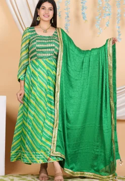 Leheriya PrintedPure Kota Silk Anarkali Suit in Green