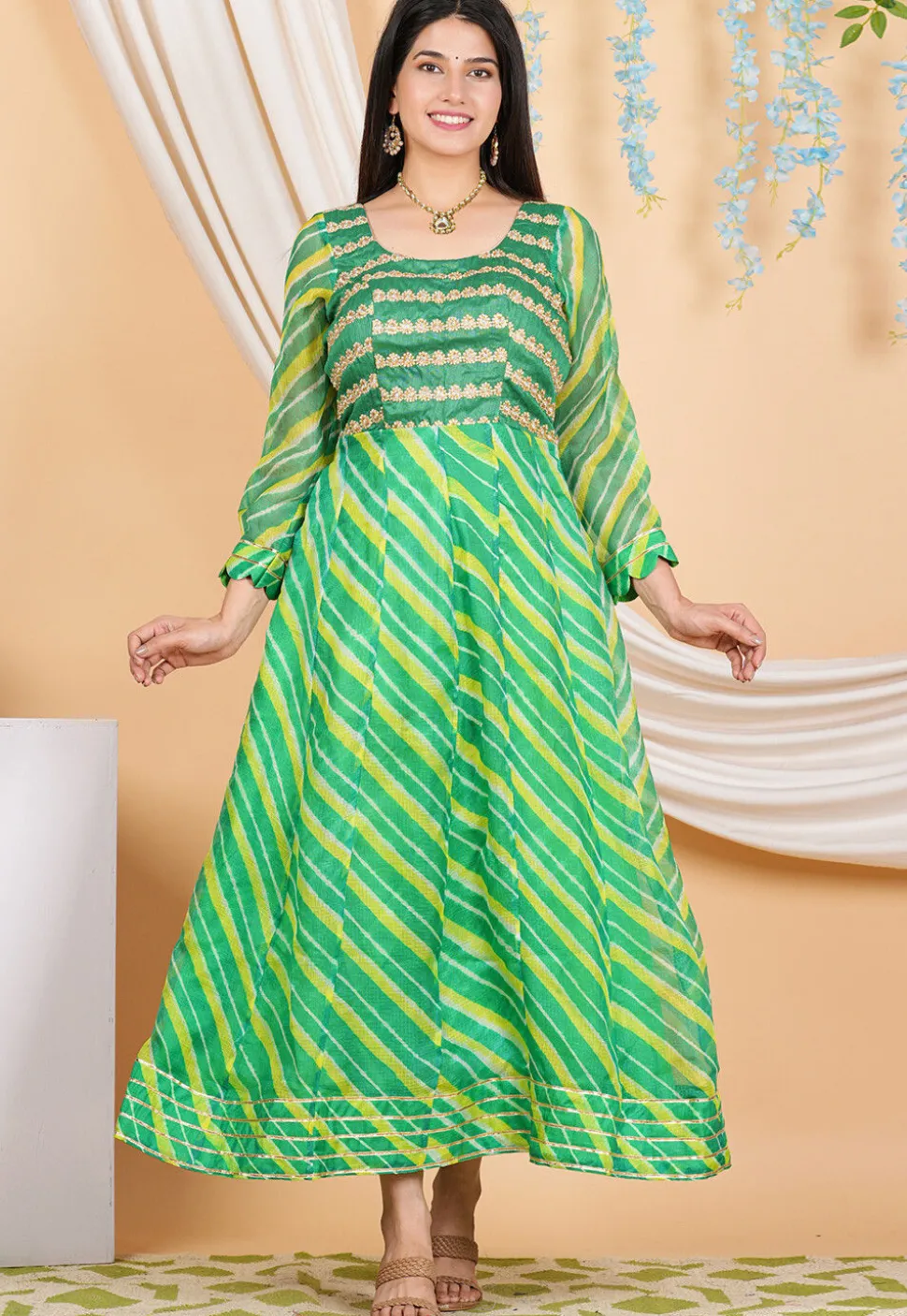 Leheriya PrintedPure Kota Silk Anarkali Suit in Green