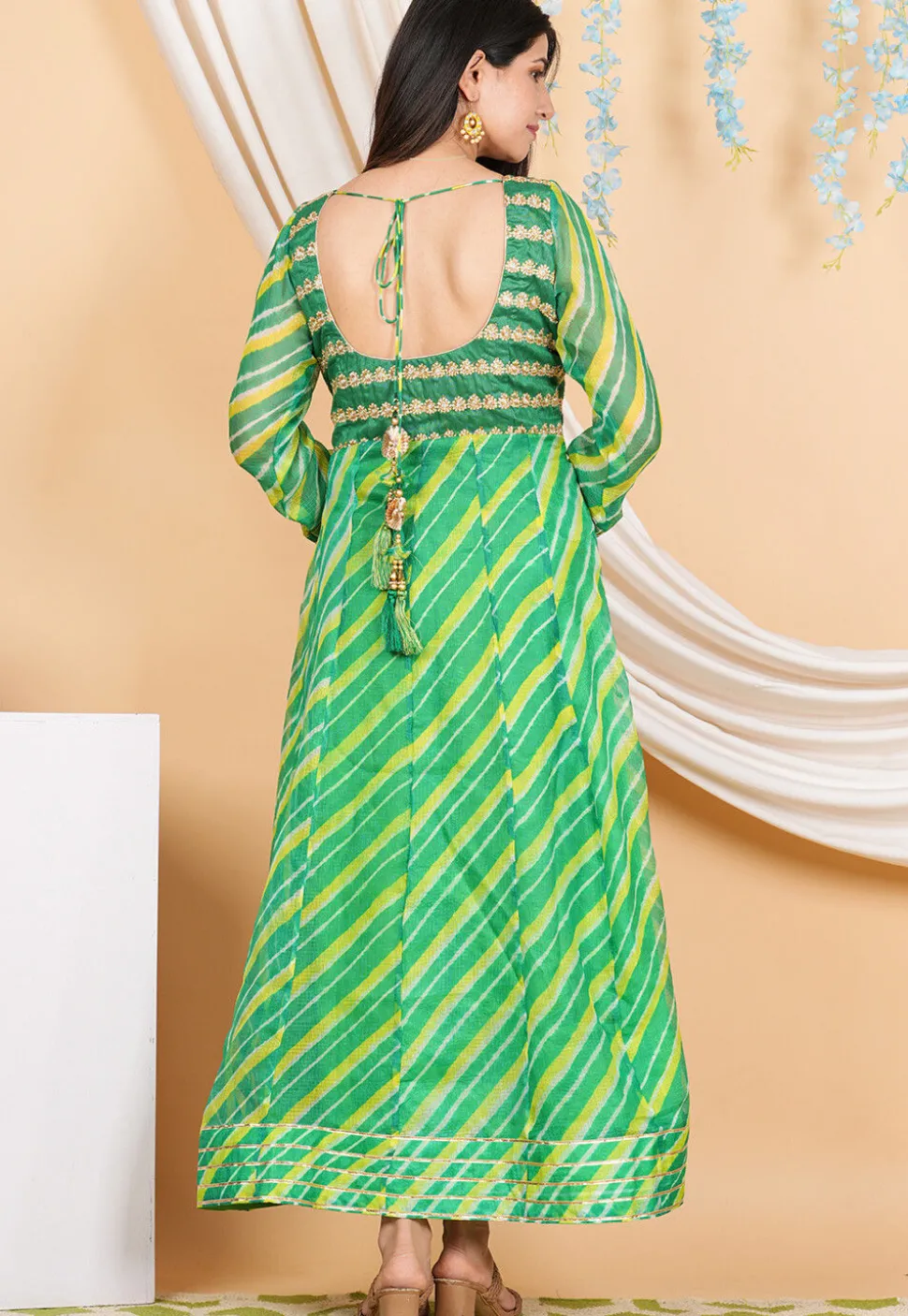 Leheriya PrintedPure Kota Silk Anarkali Suit in Green